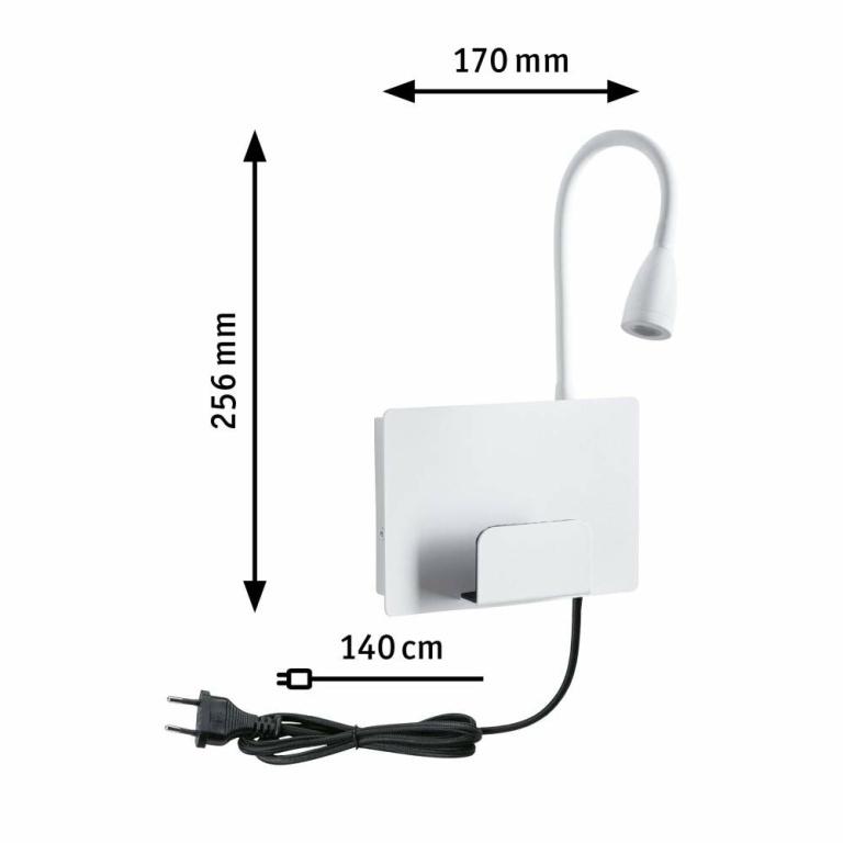 Paulmann LED Wandleseleuchte Halina Weiß matt mit USB-C Ladebuchse und Schwanenhals 2700K 200lm 2,4W