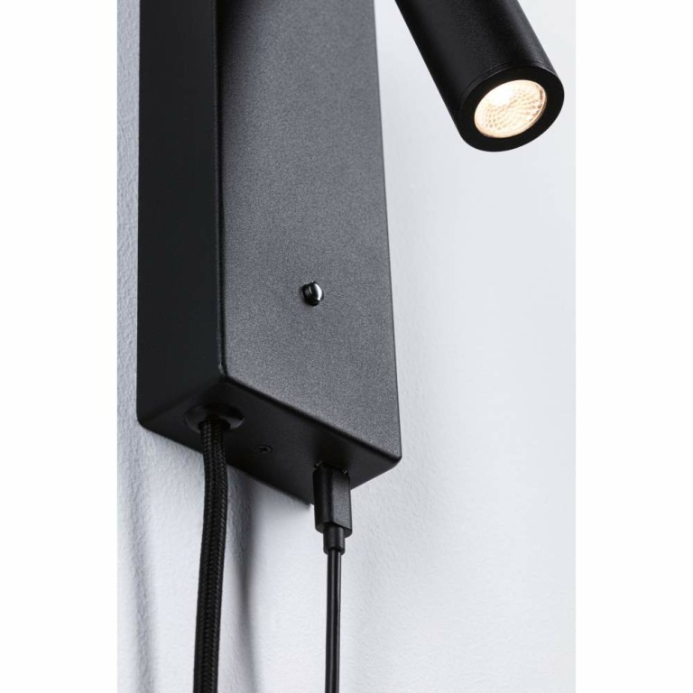 Paulmann LED Wand-Leselampe Hulda Schwarz matt dimmbar mit USB-C Ladebuchse und flexiblen Leuchtenkopf 3000K 130lm