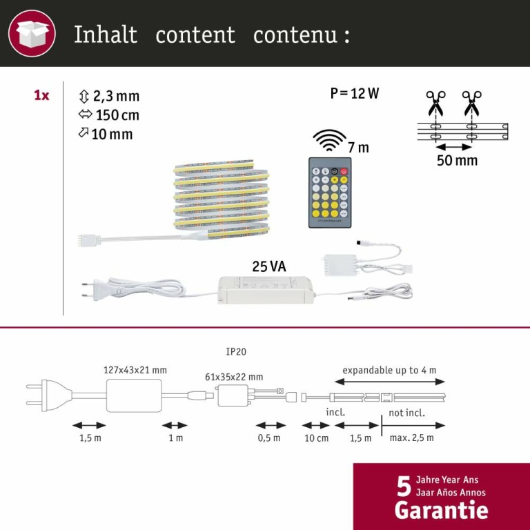 Paulmann MaxLED 500 LED Strip Full-Line COB Basisset  1,5m   10W 600lm/m 640LEDs/m Tunable White 25VA