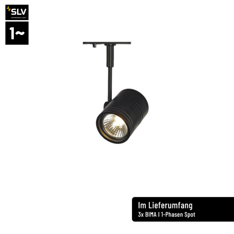 SLV LED 1-Phasen Hochvolt Schienensystem Set schwarz mit 3x BIMA I Spot + 2x 1m Stromschiene