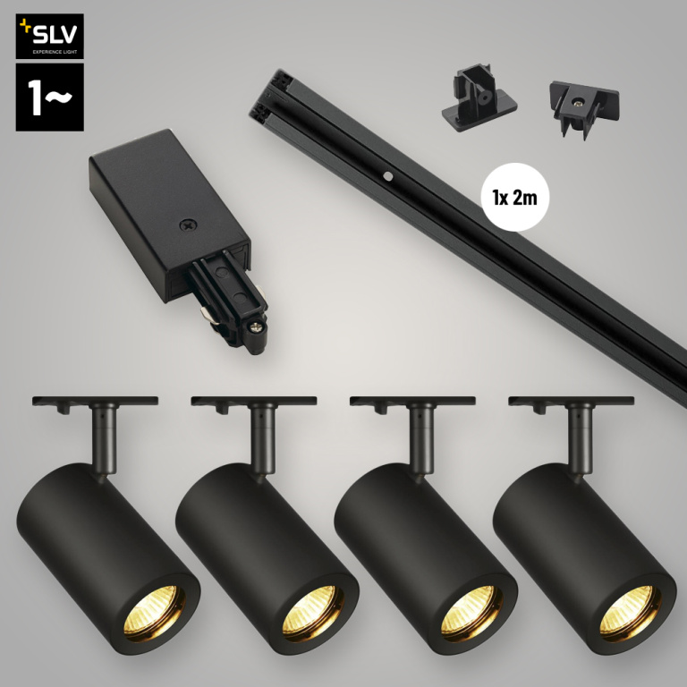 SLV 1-Phasen Schienensystem Set schwarz mit 4x Enola B Track Spot + 1x 2m Stromschiene