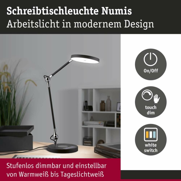 Paulmann LED Schreibtischleuchte Numis   White Switch 1000lm 11W Schwarz