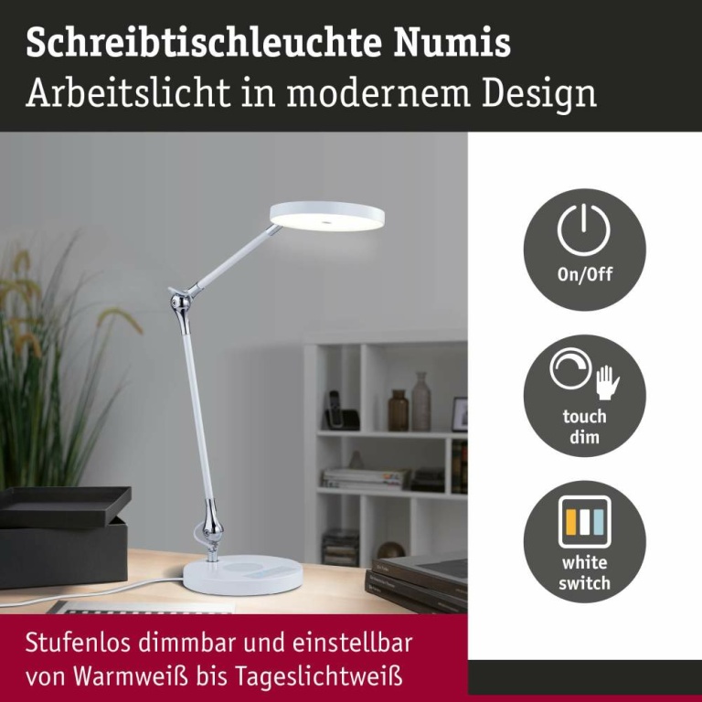 Paulmann LED Schreibtischleuchte Numis   White Switch 1000lm 11W Weiß