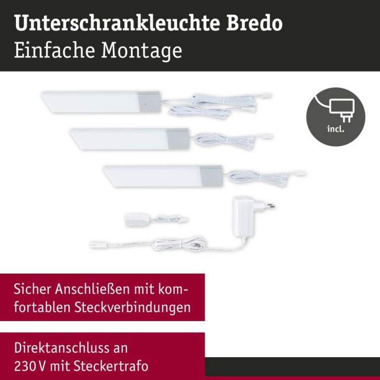 Paulmann LED Unterschrankleuchte Bredo 3000K Warmweiß Näherungsensor 3er-Set  3x2,5W 80x190mm 3x180lm 230/12V  Silber