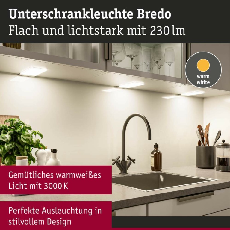 Paulmann LED Unterschrankleuchte Bredo 3000K Warmweiß Näherungsensor 3er-Set  3x2,5W 80x190mm 3x180lm 230/12V  Silber