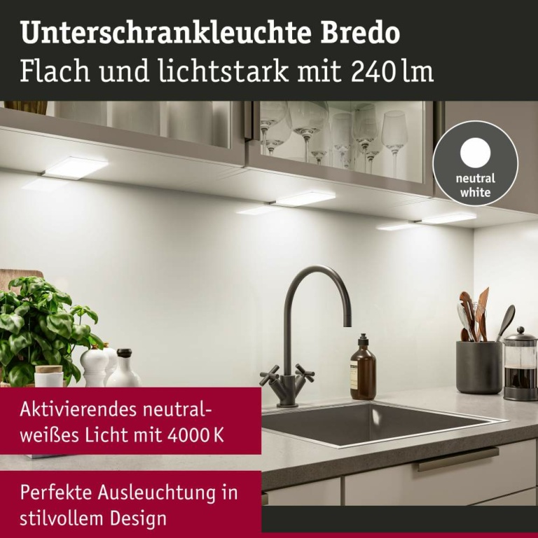 Paulmann LED Unterschrankleuchte Bredo 4000K Neutralweiß Näherungsensor 3er-Set  3x2,5W 80x190mm 3x180lm 230/12V  Silber