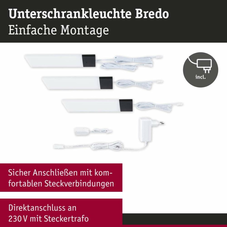 Paulmann LED Unterschrankleuchte Bredo 3000K Warmweiß Näherungsensor 3er-Set  3x2,5W 80x190mm 3x180lm 230/12V  Schwarz