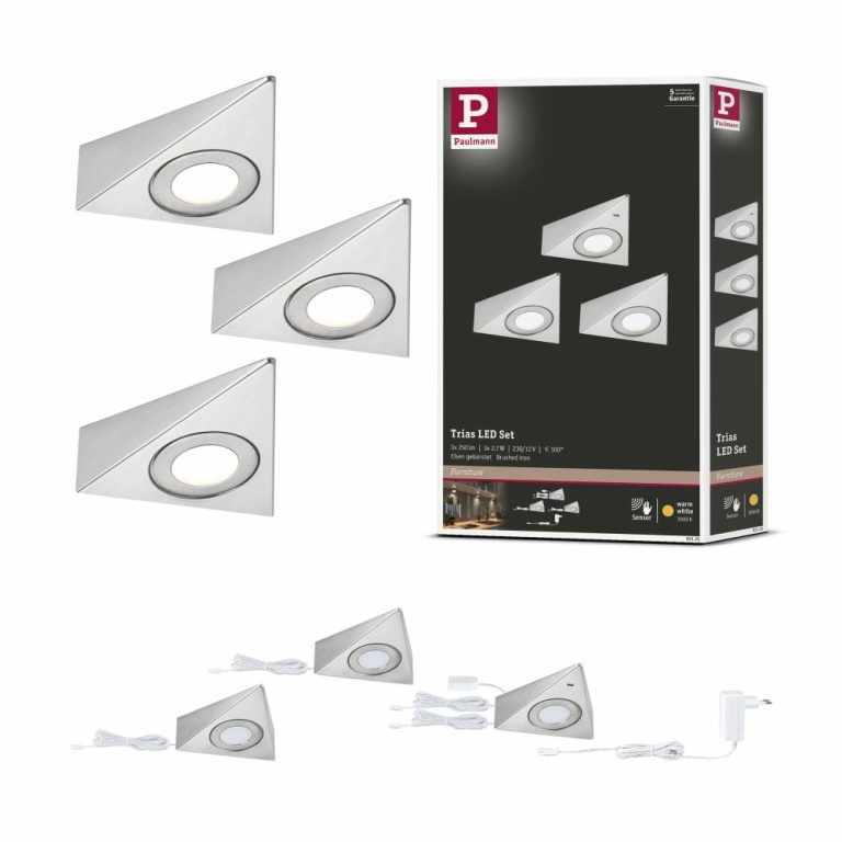 Paulmann LED Unterschrankleuchte Trias 3000K Warmweiß Näherungsensor 3er-Set  3x2,7W 135x132mm 3x185lm 230/12V Eisen gebürstet