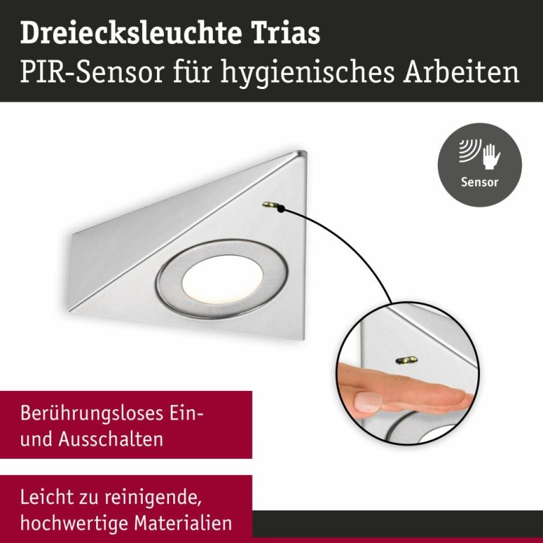 Paulmann LED Unterschrankleuchte Trias 3000K Warmweiß Näherungsensor 3er-Set  3x2,7W 135x132mm 3x185lm 230/12V Eisen gebürstet