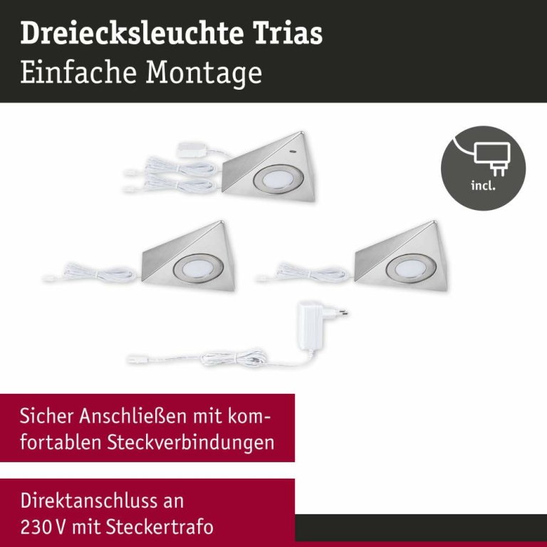 Paulmann LED Unterschrankleuchte Trias 4000K Neutralweiß Näherungsensor 3er-Set  3x2,7W 135x132mm 3x185lm 230/12V  Eisen gebürstet