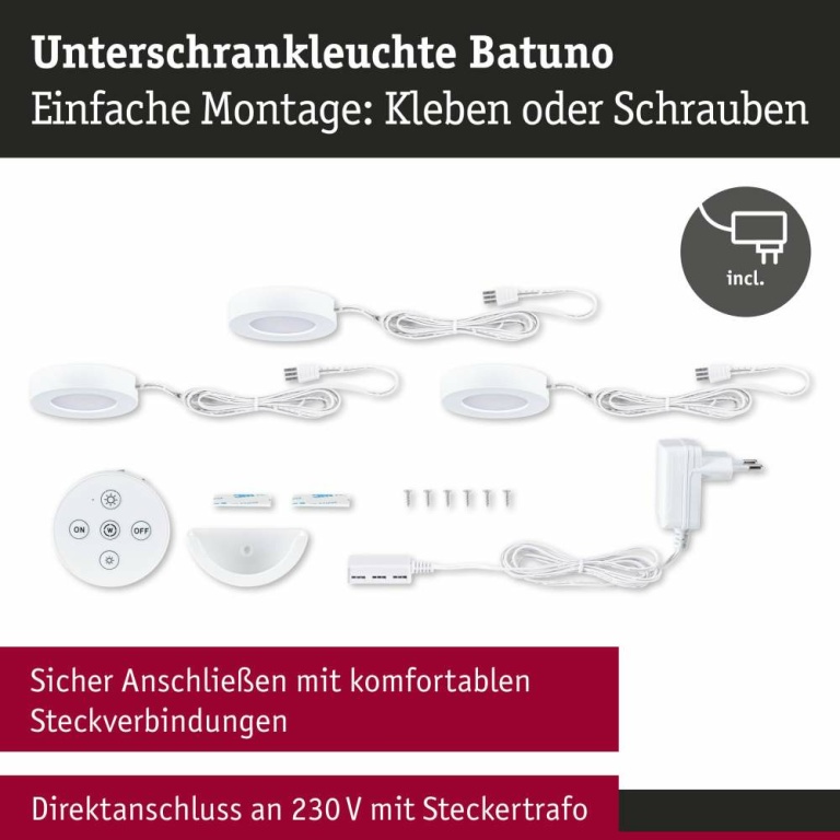 Paulmann LED Unterschrankleuchte Batuno Möbelaufbauleuchte 3er-Set mit Trafo & Fernbedienung White-Switch 3x180lm Weiß 230/24V