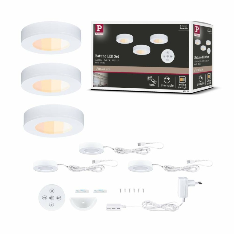 Paulmann LED Unterschrankleuchte Batuno Möbelaufbauleuchte 3er-Set mit Trafo & Fernbedienung White-Switch 3x180lm Weiß 230/24V