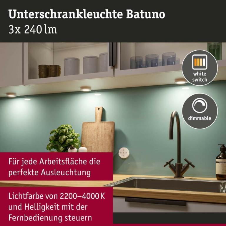 Paulmann LED Unterschrankleuchte Batuno Möbelaufbauleuchte 3er-Set mit Trafo & Fernbedienung White-Switch 3x180lm Weiß 230/24V