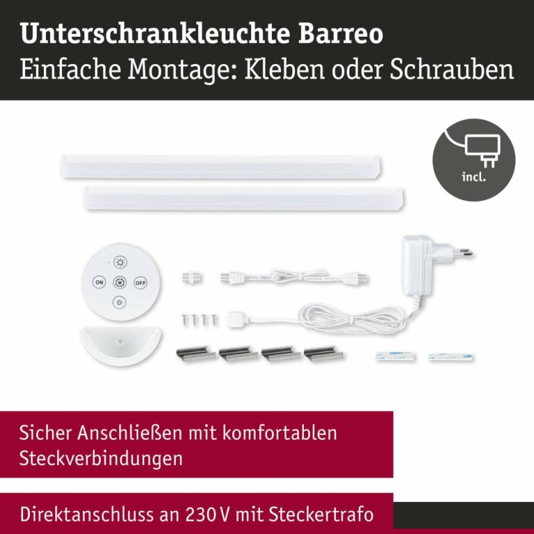 Paulmann LED Unterschrankleuchte Barreo Möbelaufbauleuchte 2er-Set mit Trafo & Fernbedienung White-Switch 2x300lm Weiß 230/24V