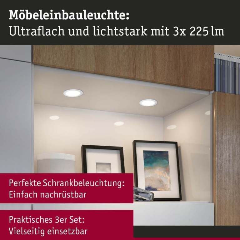 Paulmann LED Möbeleinbauleuchten 3er-Set  rund 65mm 3x2,5W 3x180lm 230/12V  3000K Weiß