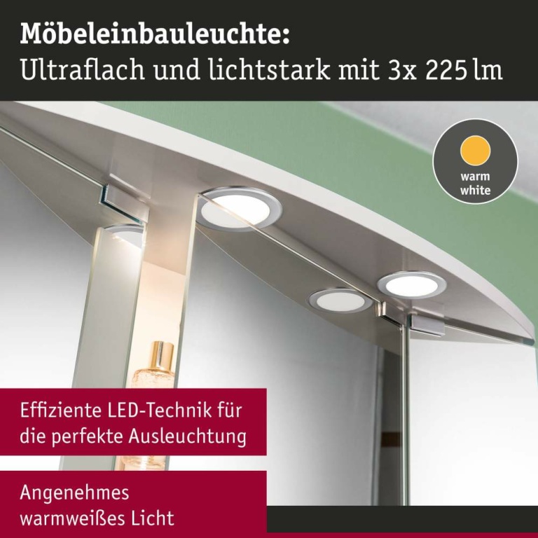 Paulmann LED Möbeleinbauleuchten 3er-Set  rund 65mm 3x2,5W 3x180lm 230/12V  3000K Eisen gebürstet