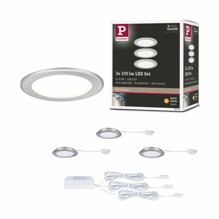 Paulmann LED Möbeleinbauleuchten 3er-Set  rund 65mm 3x2,5W 3x180lm 230/12V  3000K Eisen gebürstet