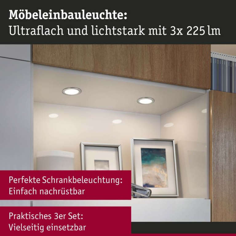 Paulmann LED Möbeleinbauleuchten 3er-Set  rund 65mm 3x2,5W 3x180lm 230/12V  3000K Eisen gebürstet