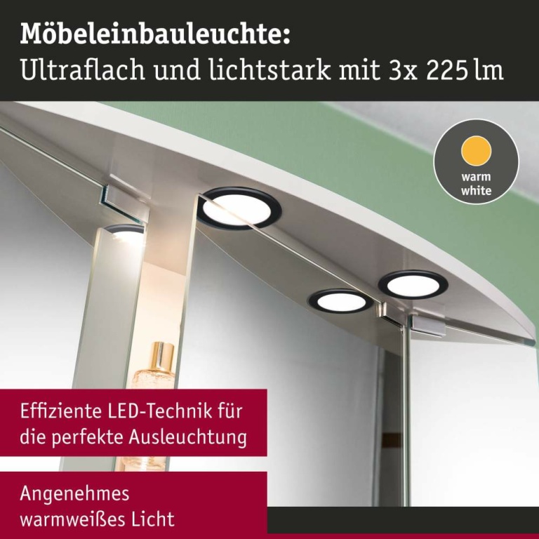 Paulmann LED Möbeleinbauleuchten 3er-Set  rund 65mm 3x2,5W 3x180lm 230/12V  3000K Schwarz matt