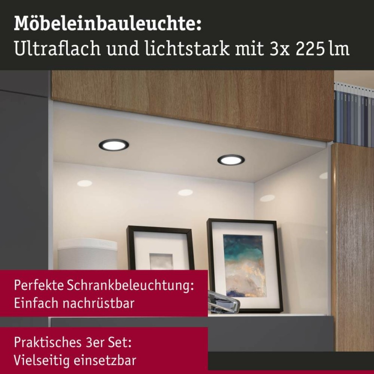 Paulmann LED Möbeleinbauleuchten 3er-Set  rund 65mm 3x2,5W 3x180lm 230/12V  3000K Schwarz matt