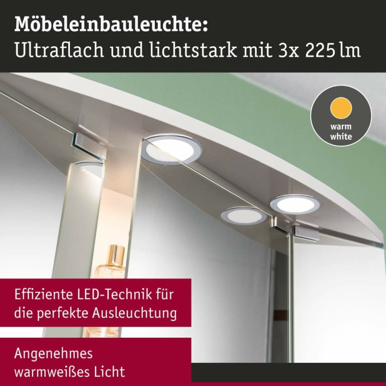 Paulmann LED Möbeleinbauleuchten 3er-Set  rund 65mm 3x2,5W 3x180lm 230/12V  3000K Chrom