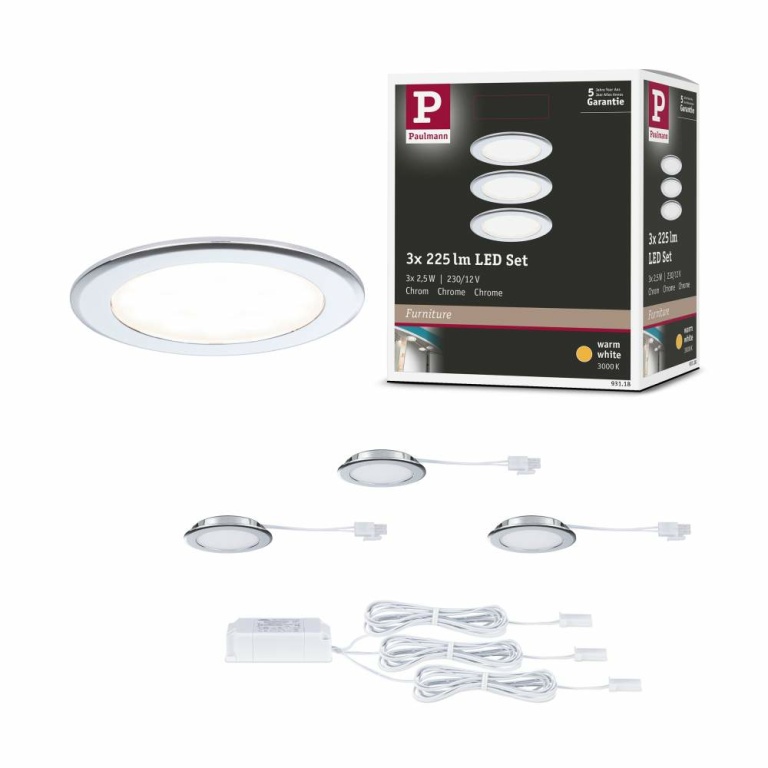 Paulmann LED Möbeleinbauleuchten 3er-Set  rund 65mm 3x2,5W 3x180lm 230/12V  3000K Chrom