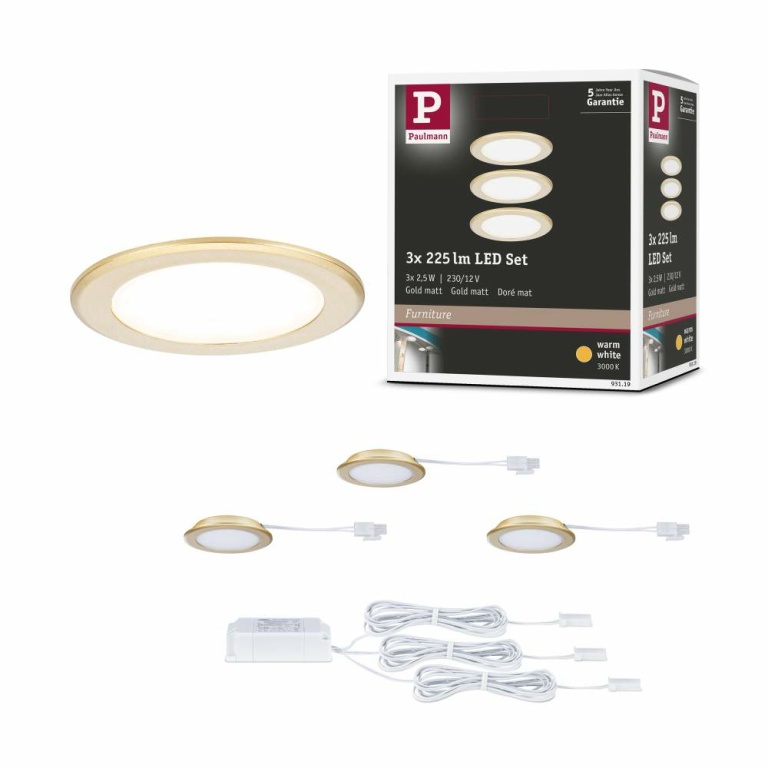 Paulmann LED Möbeleinbauleuchten 3er-Set  rund 65mm 3x2,5W 3x180lm 230/12V  3000K Gold matt