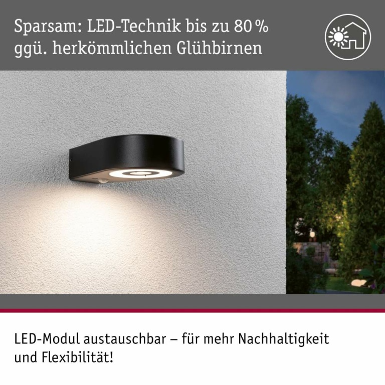 Paulmann LED Außenwandleuchte Silma Bewegungsmelder  IP44  65x186mm 3000K 5,5 / 1x0,7W 600lm 230V  Anthrazit Aluminium