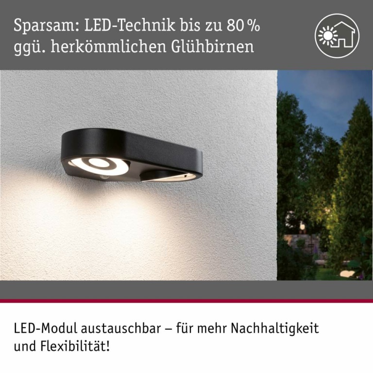 Paulmann LED Außenwandleuchte Silma Bewegungsmelder Zweifacher Lichtaustritt IP44  280x176mm 3000K 2x5,5 / 2x0,7W 2x600lm 230V  Anthrazit Aluminium