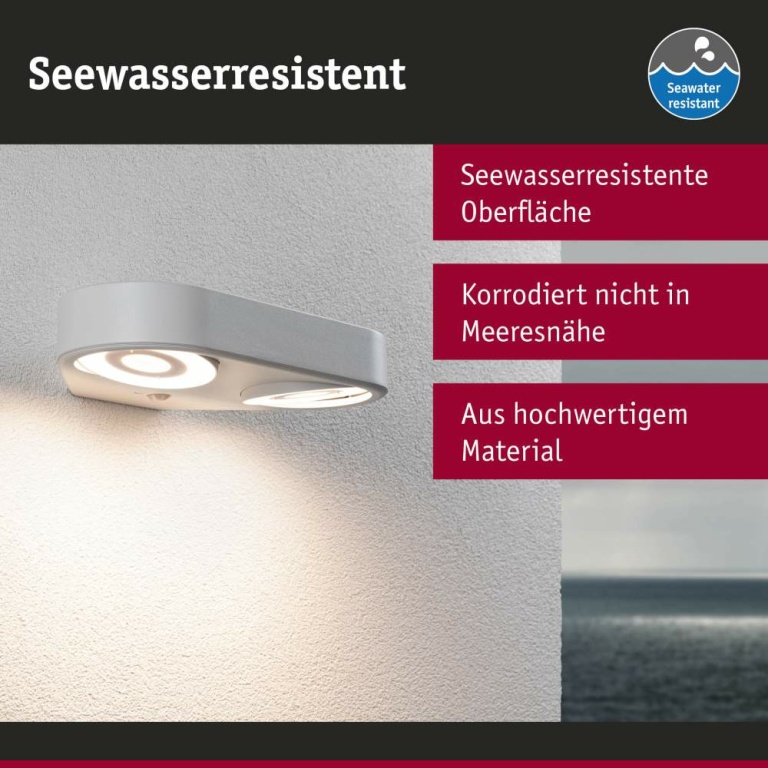 Paulmann LED Außenwandleuchte Silma Bewegungsmelder Zweifacher Lichtaustritt IP44  280x176mm 3000K 2x5,5 / 2x0,7W 2x600lm 230V  Weiß Aluminium