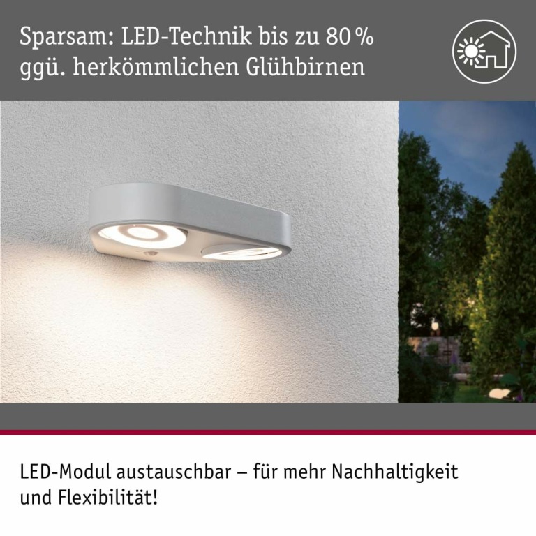 Paulmann LED Außenwandleuchte Silma Bewegungsmelder Zweifacher Lichtaustritt IP44  280x176mm 3000K 2x5,5 / 2x0,7W 2x600lm 230V  Weiß Aluminium