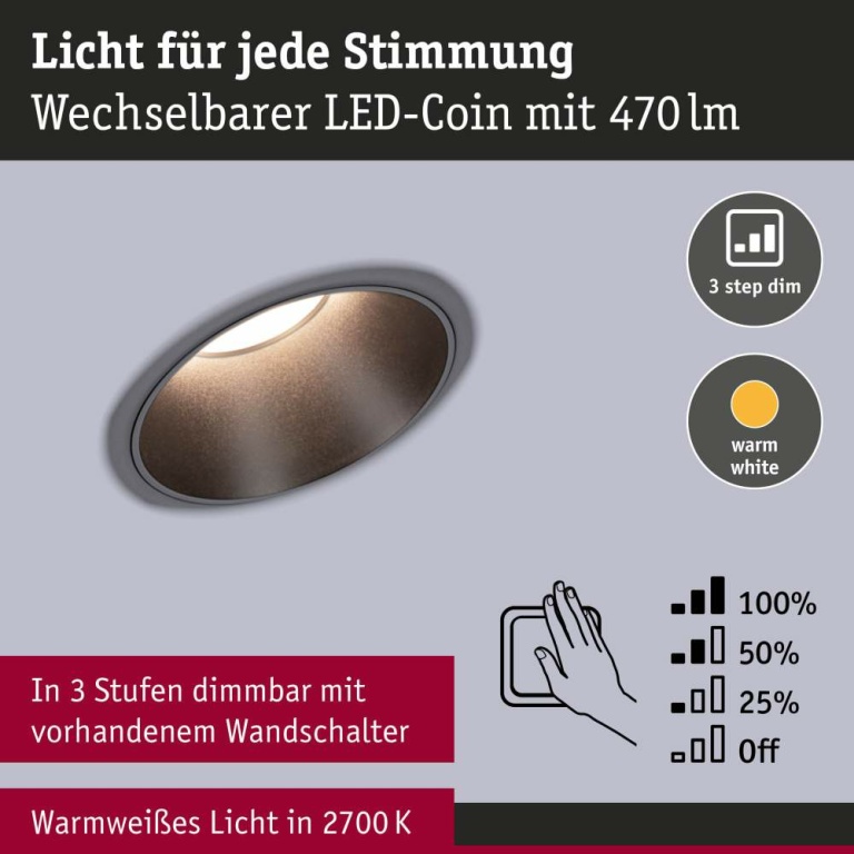 Paulmann LED Einbauleuchte 3-Step-Dim Cole Coin Basisset 3er-Set IP44 rund 88mm  Coin 3x6W 3x470lm 230V dimmbar 2700K Schwarz matt