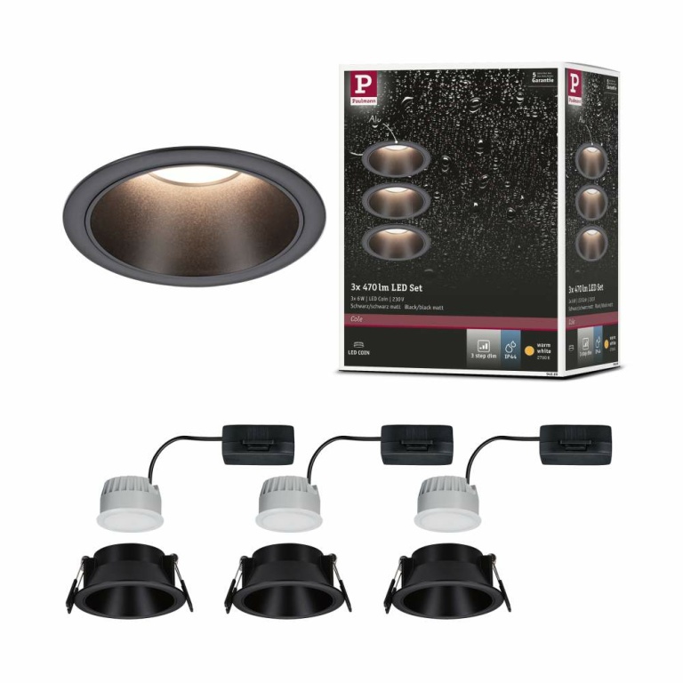 Paulmann LED Einbauleuchte 3-Step-Dim Cole Coin Basisset 3er-Set IP44 rund 88mm  Coin 3x6W 3x470lm 230V dimmbar 2700K Schwarz matt