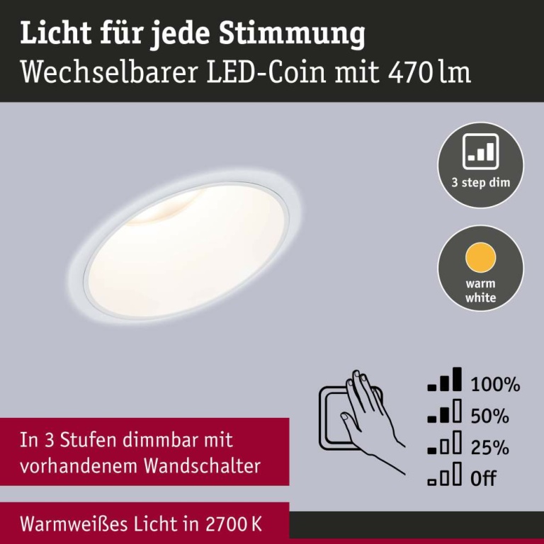 Paulmann LED Einbauleuchte 3-Step-Dim Cole Coin Basisset 3er-Set IP44 rund 88mm  Coin 3x6W 3x470lm 230V dimmbar 2700K Weiß matt