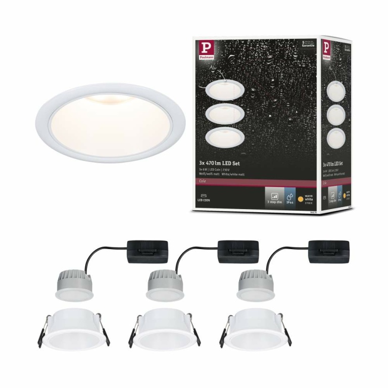 Paulmann LED Einbauleuchte 3-Step-Dim Cole Coin Basisset 3er-Set IP44 rund 88mm  Coin 3x6W 3x470lm 230V dimmbar 2700K Weiß matt