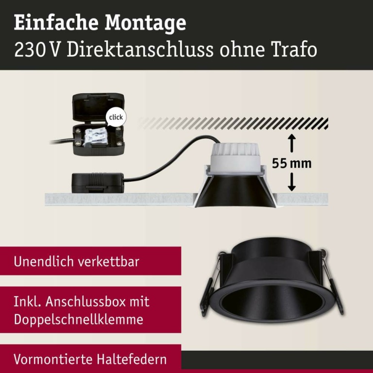 Paulmann LED Einbauleuchte 3-Step-Dim Cole Coin   IP44 rund 88mm  Coin 6W 470lm 230V dimmbar 2700K Schwarz matt