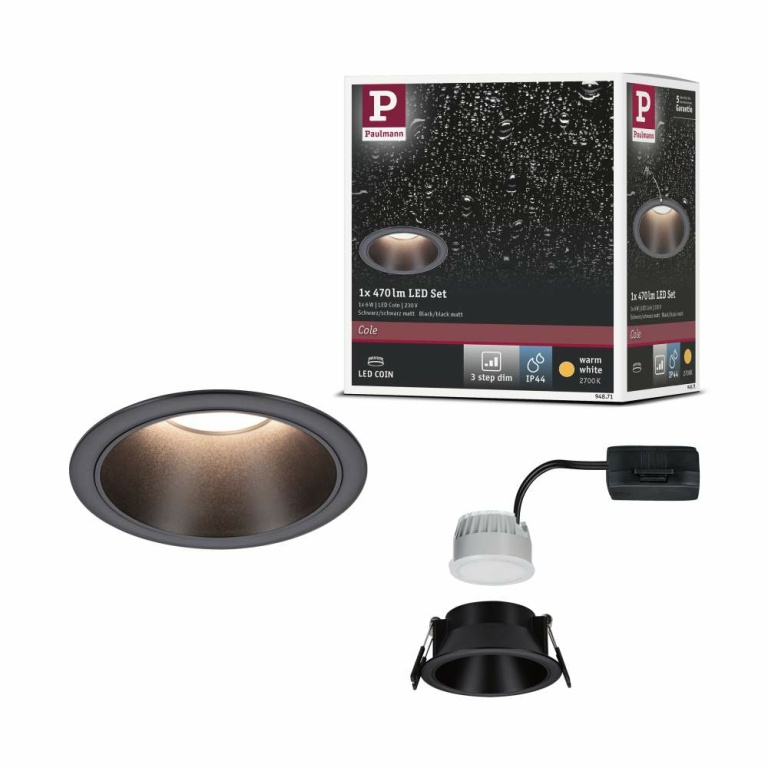 Paulmann LED Einbauleuchte 3-Step-Dim Cole Coin   IP44 rund 88mm  Coin 6W 470lm 230V dimmbar 2700K Schwarz matt