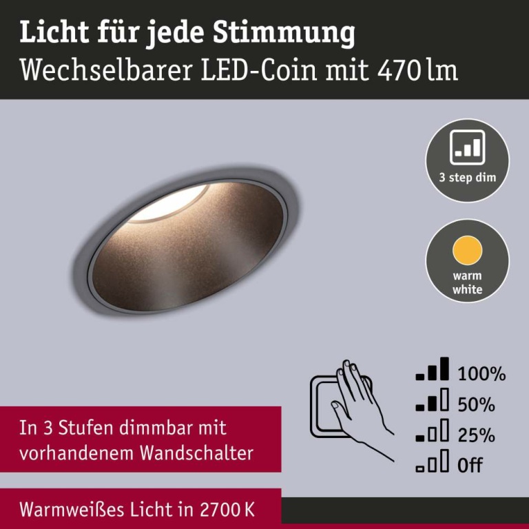 Paulmann LED Einbauleuchte 3-Step-Dim Cole Coin   IP44 rund 88mm  Coin 6W 470lm 230V dimmbar 2700K Schwarz matt