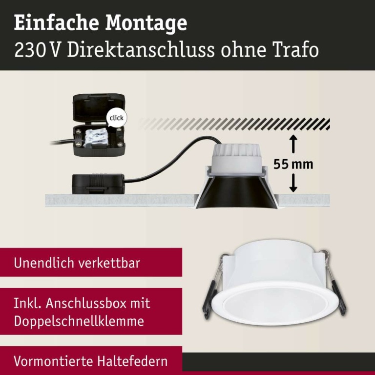 Paulmann LED Einbauleuchte 3-Step-Dim Cole Coin   IP44 rund 88mm  Coin 6W 470lm 230V dimmbar 2700K Weiß matt