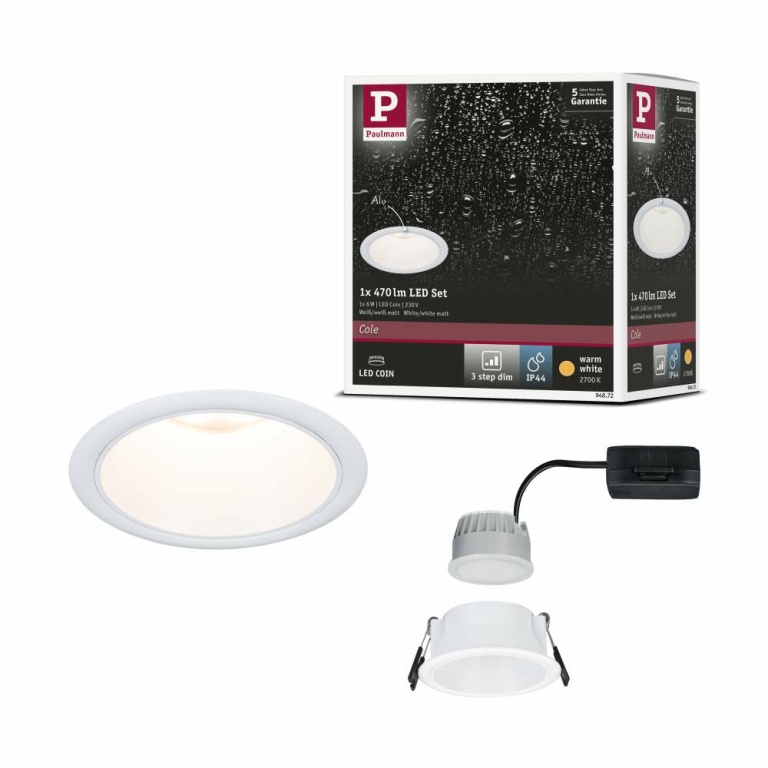 Paulmann LED Einbauleuchte 3-Step-Dim Cole Coin   IP44 rund 88mm  Coin 6W 470lm 230V dimmbar 2700K Weiß matt