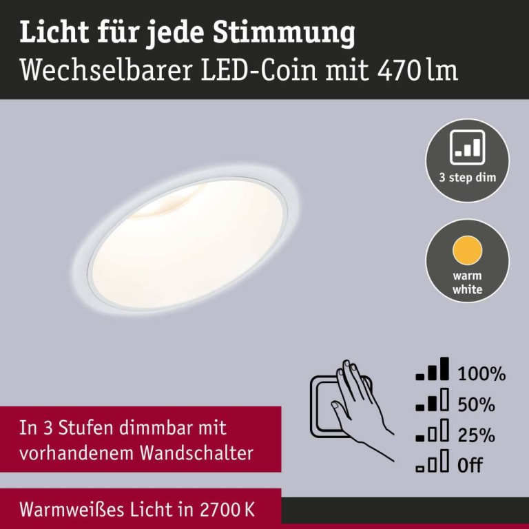 Paulmann LED Einbauleuchte 3-Step-Dim Cole Coin   IP44 rund 88mm  Coin 6W 470lm 230V dimmbar 2700K Weiß matt