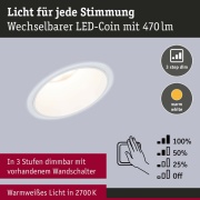 LED Einbauleuchte 3-Step-Dim Cole Coin   IP44 rund 88mm  Coin 6W 470lm 230V dimmbar 2700K Weiß matt