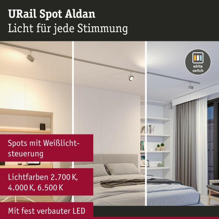 Paulmann URail LED Schienenspot Aldan 8W 500lm White Switch Chrom matt (LED fest verbaut)