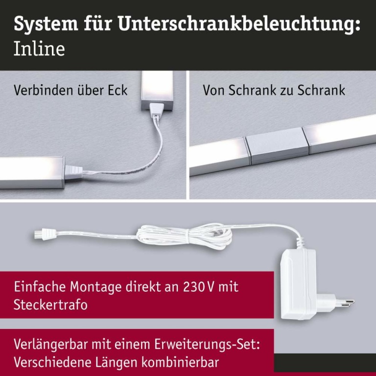 Paulmann LED Unterschrankleuchte Inline 2er-Set Starterset PIR-Sensor 3000K dimmbar 2x4W 350x26mm 2x350lm 24V Chrom matt mit Steckertrafo