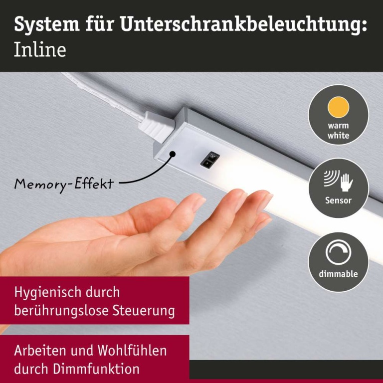 Paulmann LED Unterschrankleuchte Inline 2er-Set Starterset PIR-Sensor 3000K dimmbar 2x4W 350x26mm 2x350lm 24V Chrom matt mit Steckertrafo