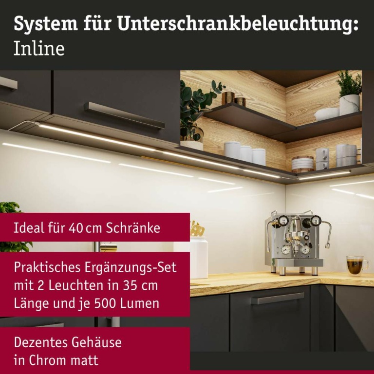 Paulmann LED Unterschrankleuchte Inline 2er-Set Erweiterungsset PIR-Sensor 3000K dimmbar 2x4W 350x26mm 2x350lm 24V Chrom matt