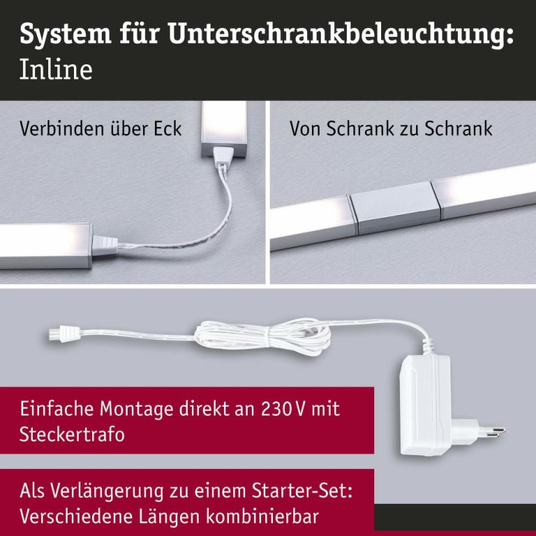 Paulmann LED Unterschrankleuchte Inline 2er-Set Erweiterungsset PIR-Sensor 3000K dimmbar 2x4W 350x26mm 2x350lm 24V Chrom matt