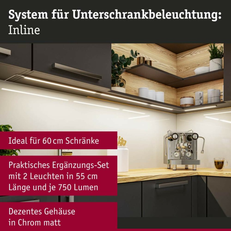 Paulmann LED Unterschrankleuchte Inline 2er-Set Erweiterungsset PIR-Sensor 3000K dimmbar 2x6W 550x26mm 2x500lm 24V Chrom matt