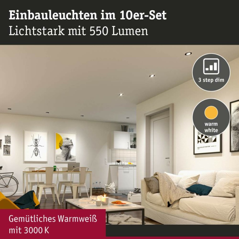 Paulmann LED Einbauleuchte 10er-Pack 3-Step-Dim schwenkbar rund 82mm 4,8W 450lm dimmbar 3000K Weiß matt 230V