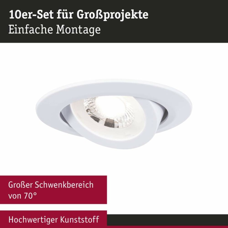 Paulmann LED Einbauleuchte 10er-Pack 3-Step-Dim schwenkbar rund 82mm 4,8W 450lm dimmbar 3000K Weiß matt 230V